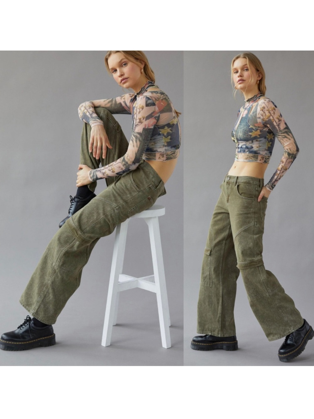 BDG Low-Rise Seamed Cargo Jean Green Wide Leg Workwear Women's Sz 25